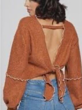 Free People Mustard Yellow Tie-Back Knit Sweater